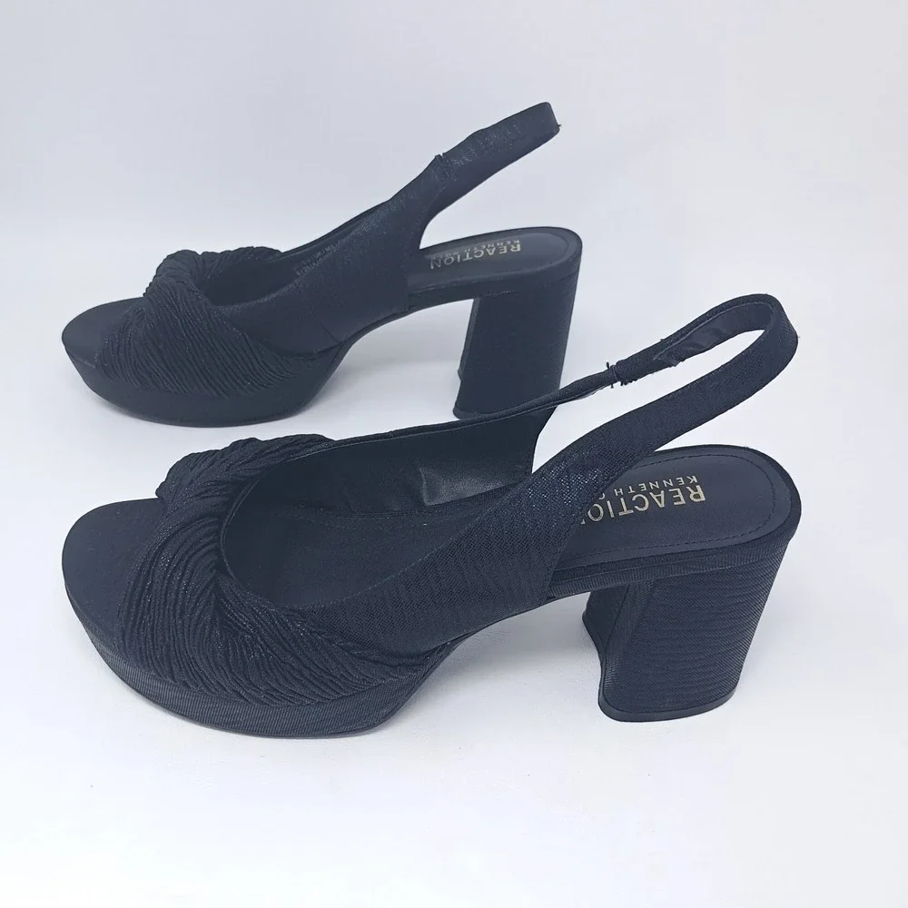 Reaction Kenneth Cole Rylee Twisted Fabric Platform Black Slingback Heels Size 8